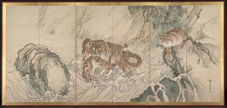 Tiger Family, early 1800s. Kishi Ganku (Japanese, 1749/56-1838). Pair of six-panel folding screens;