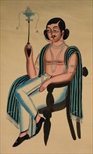 Man Seated in a European Chair Smoking a Margila Pipe, c. 1880. India, Kalighat painting, 19th