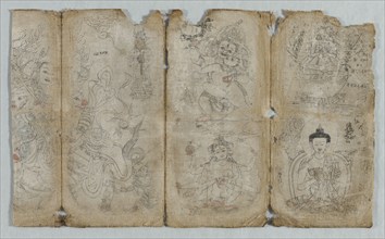 Iconographic Drawing:  Vaishravana, Yama, Vsnisavijaya, Tara and Buddha (recto), c. 1500. Tibet,