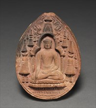 Votive Plaque with Figure of the Buddha, Temple at Bodhgaya, and Stupas, 800s. India, Bihar,