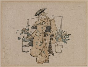 A Beauty Carrying Two Buckets of Flowers, c. 1696-1716. Style of Torii Kiyomasu (Japanese). Color