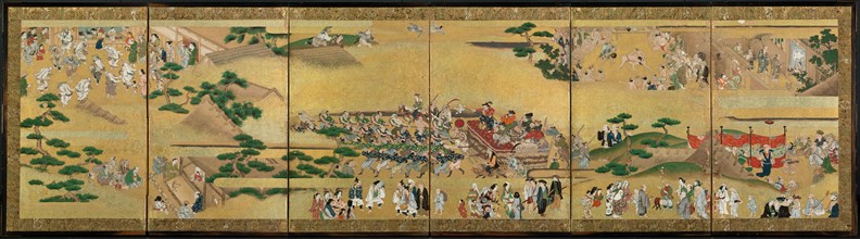 Festival Scenes, 17th century. Japan, Edo Period (1615-1868). One of a pair of six-panel folding