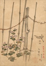 Bamboo Fence and Chrysanthemums, c. 1890. Kono Bairei (Japanese, 1844-1895). Ink and color on