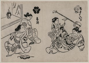 Three Courtesans with a Client. Okumura Masanobu (Japanese, 1686-1764). Color woodblock print;