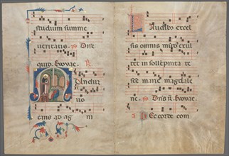 Bifolium from an Antiphonary: Initial M with Saint Dominic Preaching, c. 1320-1340. Primo Miniatore
