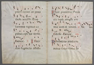 Bifolium from an Antiphonary: Music, c. 1320-1340. Primo Miniatore di San Domenico (Italian). Ink,