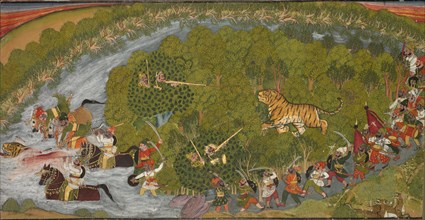 Tiger Hunt, c. 1800. India, Kotah School, Raja Umed Singh period (1771-1820). Ink and color on