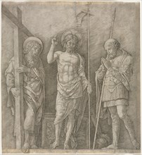 The Risen Christ between St Andrew and Longinus, early 1470s. Andrea Mantegna (Italian, 1431-1506).