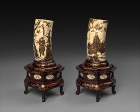 Ivory Tusk Vases, c1800s. Japan, 19th century. Carved ivory, pigment; overall: 27 cm (10 5/8 in.);