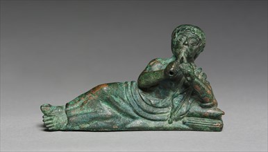 Vessel Ornament of Reclining Flutist, probably 400-375 BC. Italy, Etruscan, early 4th Century BC.