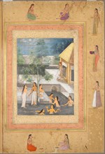 Page from the Late Shah Jahan Album: Harem Night-Bathing Scene, c. 1653. India, Mughal court, reign