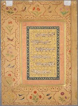 Page from the Late Shah Jahan Album: Calligraphy Framed by an Ornamental Border with Poppies and