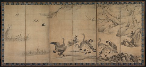 Wild Geese, late 1500s-early 1600s. Kano Sanraku (Japanese, 1559-1635). Pair of six-fold screens;