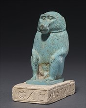 Baboon on a Limestone Base, 380-30 BC. Egypt, Dynasty 30 to Ptolemaic Dynasty. Pale turquoise