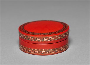 Round Box, c. 1770. France, 18th century. Tortoise shell decorated in red lacquer with inlays of
