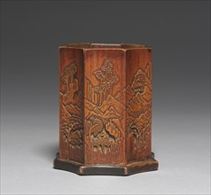 Brush Holder with Bamboo and Landscape Design, 1800s. Korea, Joseon dynasty (1392-1910). Carved