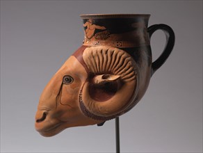Ram-Head Rhyton, c. 480-470 BC. Brygos Painter (Greek). Earthenware with slip decoration; overall: