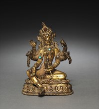 Seated Vasudhara, c 1300s ?. Nepal, 14th century (?). Brass or bronze; turquoise; overall: 10.2 x 7