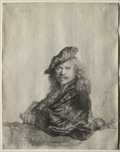 Self-Portrait Leaning on a Stone Sill, 1639. Rembrandt van Rijn (Dutch, 1606-1669). Etching and