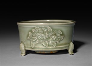 Incense Burner in Form of Archaic Lian with Peonies in Refief:  Longquan Ware, 14th Century. China,