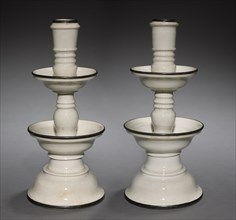 Candlesticks, 1600s. China, Ming dynasty (1368-1644). Glazed porcelain with metal rims; overall: 32