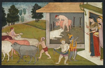 Krishna and Lakshmana Taking the Cattle Out to Graze, page from the Bhagavata Purana, c. 1780-1790.