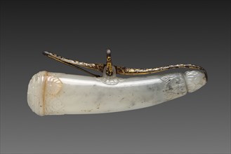 Powder horn, 1600s-1700s. India, Mughal, 17th-18th century. Jadeite, iron inlaid with brass;