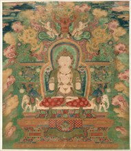 Manjushri, c. 1500-1550. China, Ming dynasty (1368-1644). Tangka mounted as a hanging scroll,