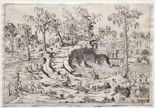 Landscapes: Landscape with Putti, c. 1550. Léon Davent (French). Etching; sheet: 17 x 24.8 cm (6