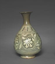 Bottle Inlaid with Peony and Scroll Design, 1400s. Korea, Joseon dynasty (1392-1910). Stoneward