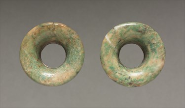 Pair of Ear Ornaments, 150-200. Central Mexico, Teotihuacán style, Classic Period. Jadeite-albitite