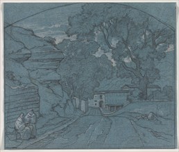 Landscape with Two Monks, c. 1840. François Edouard Bertin (French, 1797-1871). Graphite heightened