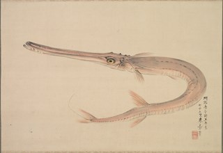 Needlefish (Yagara), 1870. Raisho Nakajima (Japanese, 1796-1871). Hanging scroll; ink and color on