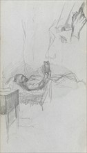 Sketchbook, page 71: Study of a Figure Reading in Bed, Study of a Hand. Ernest Meissonier (French,