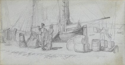 Sketchbook, page 50: Boats, Figures, Cargo on a Beach. Ernest Meissonier (French, 1815-1891).