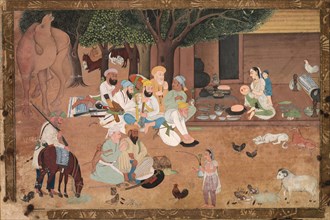Traveling Warriors Stopping at a Farm, c. 1800. India, Rajasthan, Jodhpur school, early 19th