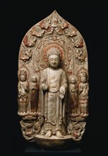 Stele with Shakyamuni and Maitreya, c. 570s. China, Northern Qi dynasty (550-577). Marble with
