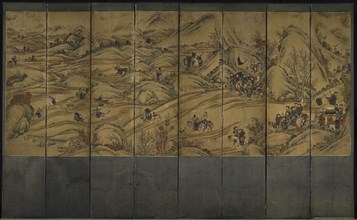 Hunting Scene, 1750s-1800s. Korea, Joseon dynasty (1392-1910). Eight-fold screen, ink and color on