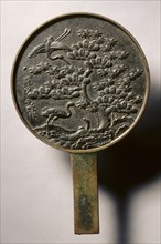 Mirror with Handle, Decorated with Pine Tree and Crane, early 17th - mid 19th century. Japan, Edo