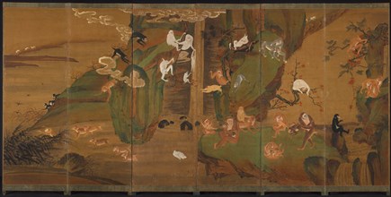 Gibbons in a Landscape, late 1800s or early 1900s. Korea, Joseon dynasty (1392-1910). Six-fold