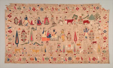 Rumal Decorated with Scenes of Krishna's Life, 1700s. India, Himachal Pradesh, 18th century.