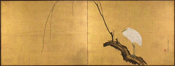 Heron on a Willow Branch, late 1700s. Maruyama Okyo (Japanese, 1733-1795). Two-panel folding