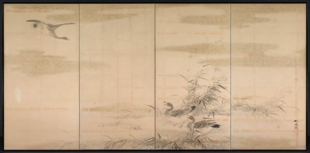 Geese, Reeds, and Water, 1800s. Yamamoto Baiitsu (Japanese, 1783-1856). Pair of four-panel folding
