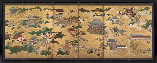Views of Kyoto, 1600s. Japan, 17th century. Six-fold screen; ink and color on gold paper; overall:
