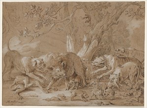 Wild Sow and Her Young Attacked by Dogs, 1748. Jean-Baptiste Oudry (French, 1686-1755). Pen and