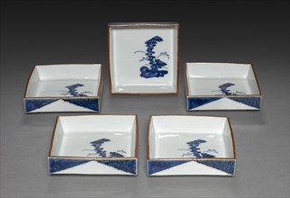 Set of Square Dishes with Rock and Tree Design: Arita Ware, 1700s. Japan, Edo period (1615-1868).