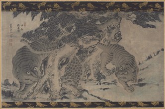 Tigers and  Leopard Frolicking, 19th Century. Korea, Joseon dynasty (1392-1910). Hanging scroll,