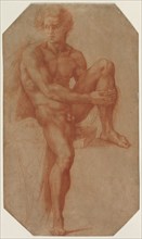 Seated Male Nude, c. 1516-1520. Baccio Bandinelli (Italian, 1493-1560). Red chalk over faint traces