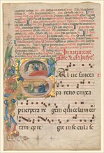 Leaf from a Gradual: Historiated Initial S[alve Sancta Parens] with Birth of the Virgin (recto), c.