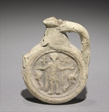 Pilgrim's Flask with Saint Menas, 400-600. Egypt, Coptic, 400s-500s. Terracotta; overall: 6.7 x 7.2